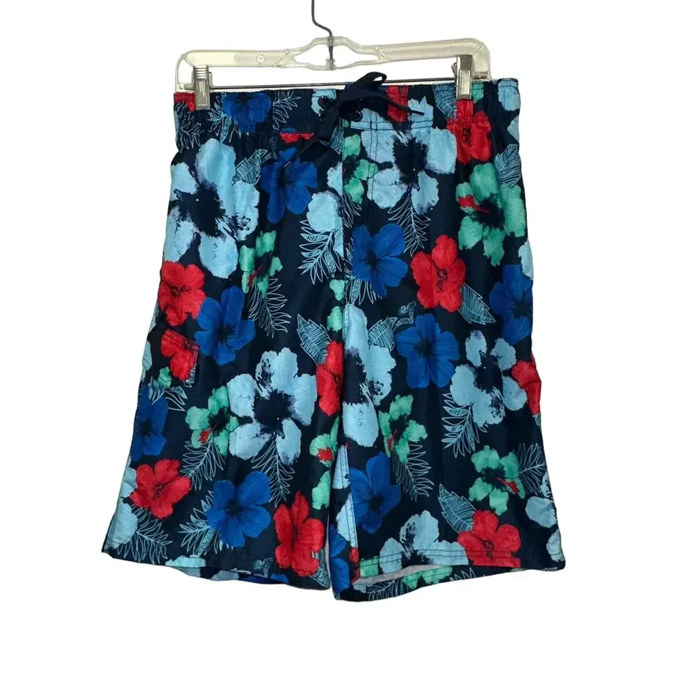 Kanu Surf Swim Trunks Medium Black Blue Red Floral Board Shorts Drawstring Beach